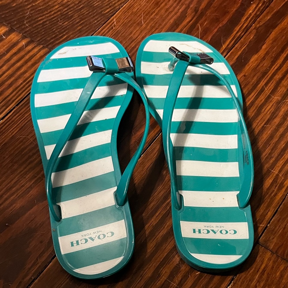Coach Green and White Sandals with Striped Design
